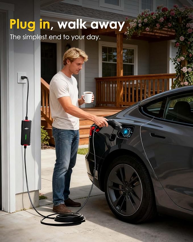 Portable Electric Vehicle Charger with 25FT Charging Cable, Compatible with Level 2 & 1 J1772 16A 120V 240V NEMA 6-20 Plug Indoor & Outdoor Car Charging Station