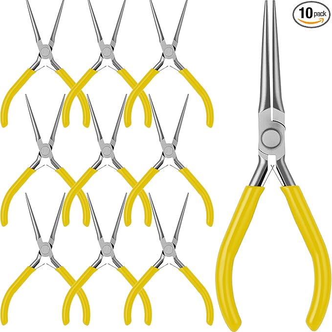 10 Pack Mini Needle Nose Pliers Bulk, 6 Inch Precision Pliers Set with Extra Long Tips for Jewelry Making, Wire Wrapping, Small Object Gripping, DIY Project(Yellow)