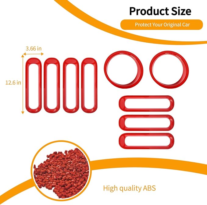 Hoolcar Front Grille Insert Cover & Headlight Bezel Cover Trim Fit for Jeep Wrangler JK JKU 2007-2017, Exterior Accessories, Red