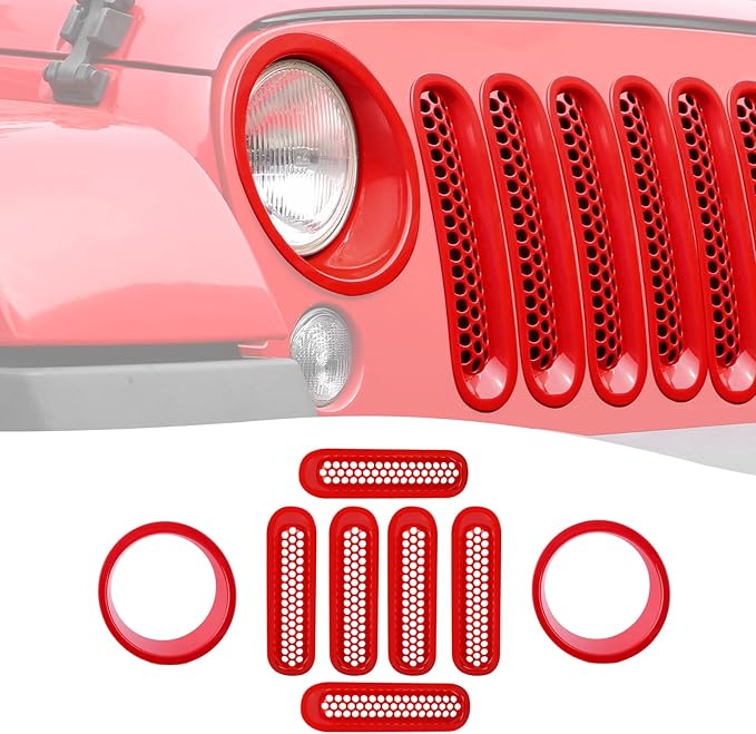 Mesh Grille Grill Insert+Headlight Turn Light Cover Trim Fit for 2007-2018 Jeep Wrangler JK JKU(Red)