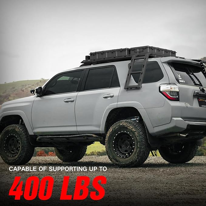 Roof Rack Cargo Basket with 4 LED Light Bars & Ladder Compatible with Toyota 4Runner / Land Cruiser & Prado 4 Doors Hardtop Cargo Carrier, Rooftop Luggage Storage Holder Cargo Racks