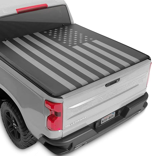 Soft Roll-Up Truck Tonneau Cover for Chevy Silverado 1500 / GMC Sierra 1500 (2007-2018) with 5.8 ft Bed Length, All-Weather Retractable Truck Bed Cover with Black Flag Graphic, Aluminum