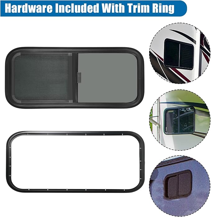 Horizontal RV Window, 42" W x 12" H Tinted Sliding RV Window with Net Screen and Trim Ring, Suitable for 15/16" or 1-3/8" and Slightly Thicker Up to 1/16" Walls, DOT Approved