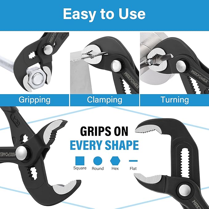 MAXPOWER 7" 10" 12" Water Pump Pliers Set, Quick Adjustment Push Button Locks Pliers, with Max Jaw Capacity 0.98" 1.4" 1.6"
