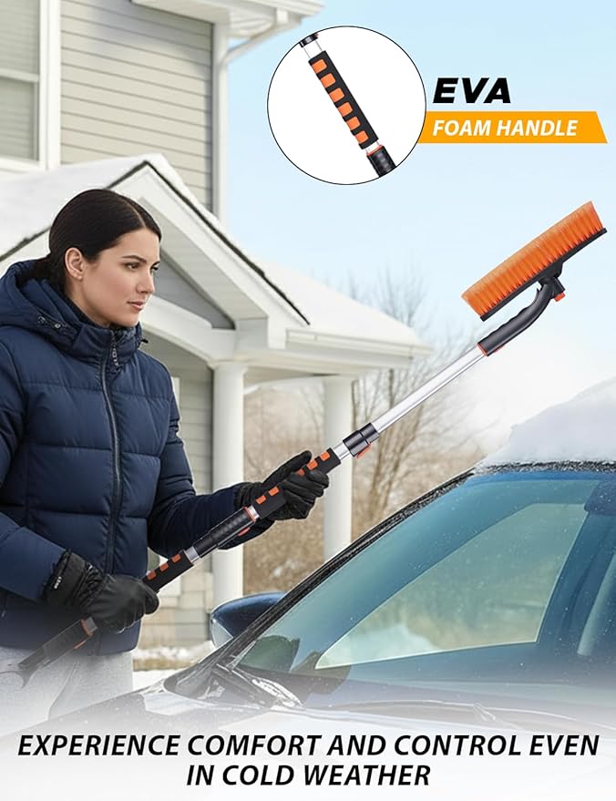 EcoNour 53″ 3 in 1 Extendable Snow Brush with Ice Scraper for Car Windshield | 360° Pivoting Long Snow Brush for SUV, Truck, and Car | Winter Car Accessories