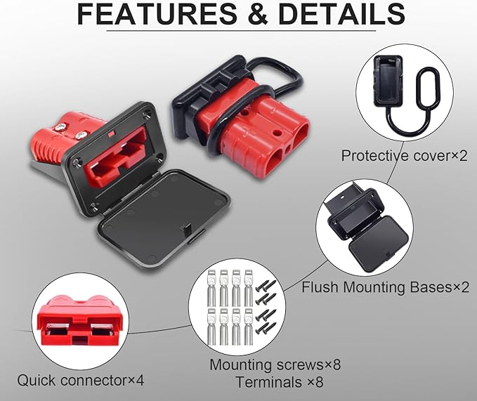 GZSH Anderson Plug 4PCS 50A Quick Connect Wire Connectors with Mount and Cap 12-6 AWG Battery Quick Disconnect 12V-36V Battery Quick Connect Waterproof SB50 for Car RV Trunk Boat Winch