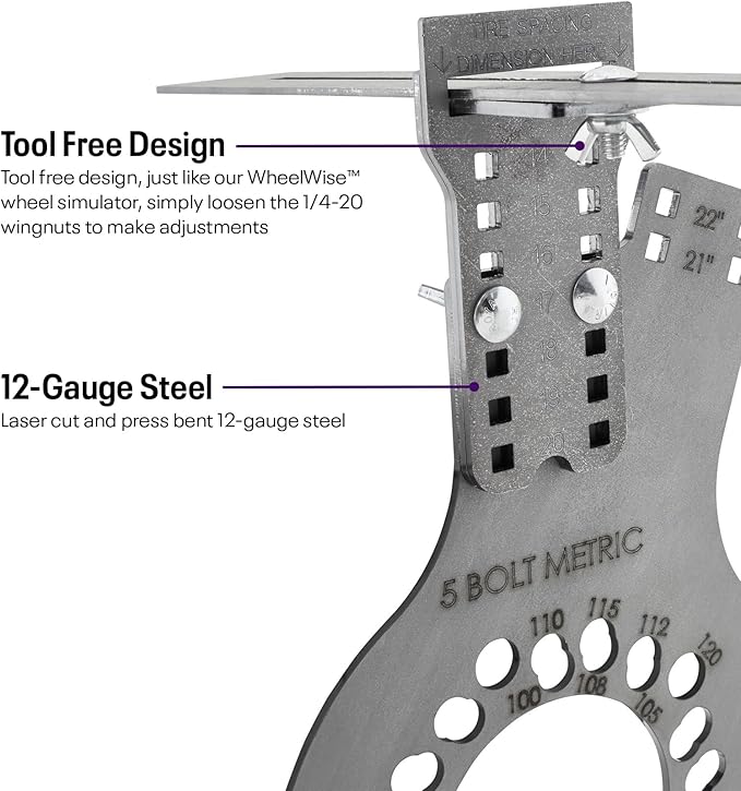 Speedway Motors WheelWise™ 5-Lug Metric Wheel Fitment Tool with Tire Size Attachment, Simulates 14-22 Inch Rim Diameters, 8-14 Inch Widths, 2.5-11.5 Inch Sidewalls, Laser Cut Steel
