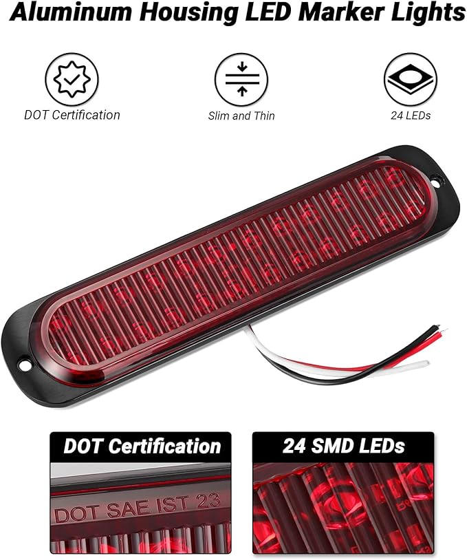 7.5 inch Aluminum Housing Red Stop Brake Turn Signal LED Trailer Lights 24LEDs Waterproof Surface Mount Side Marker Lights for Truck Tractor Motorcycle Jeep RV, 2Pcs