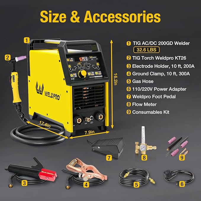 Weldpro TIG Welder AC/DC 200A with Pulse, Aluminum TIG Welder 110V/220V with TIG Torch AC TIG/DC TIG/AC PULSE TIG/DC PULSE TIG/Stick 5 in 1 MultiProcess Welding Machine with Foot Pedal