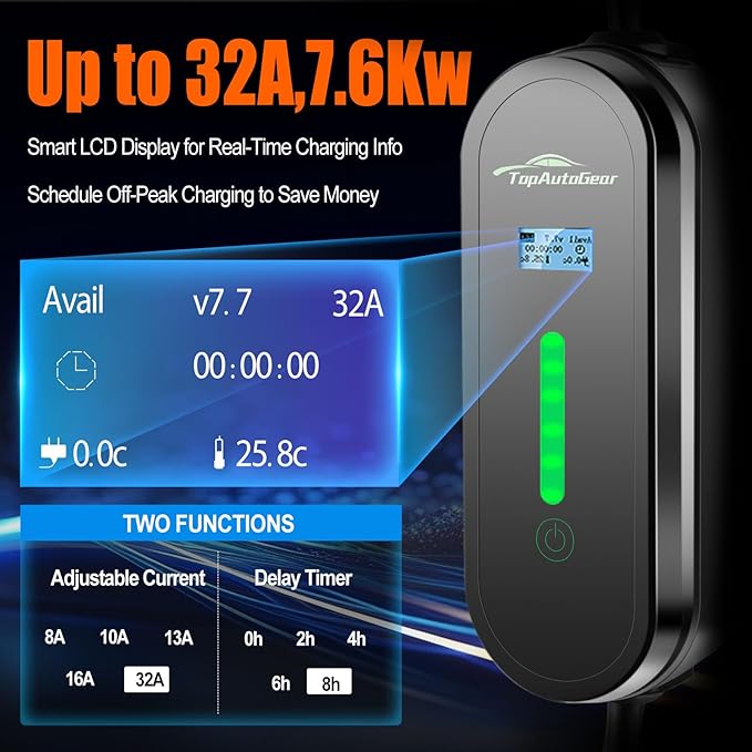 Level 2 EV Charger, 32Amp 220V 20FT Portable Electric Car Charger with LCD Display Screen, NEMA 14-50 Plug, Adjustable Current, Compatible with All J1772 EV (Tesla Require Adapter)