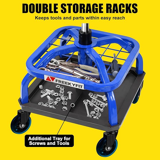 Rolling Stool with Blue Wheels,Heavy Duty Garage Work Mechanic Rolling Shop Stool with Backrest, Adjustable Height 360°Swivel Roller Mechanic Chair with 2 Tool Trays, 330 LBS Capacity