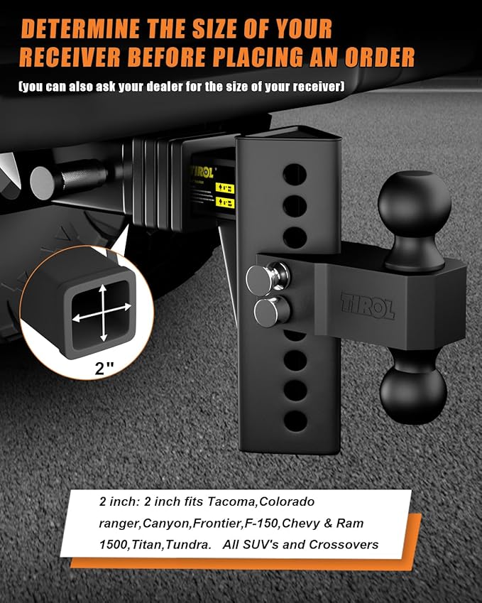 TIROL Adjustable Trailer Hitch - Fits 2'' Receiver 6 Drop/Rise for Truck Hitch, 2'' & 2-5/16'' Ball Hitch, 22000 LBS GTW - Heavy Duty Tow Hitch with Two Anti-Theft Locking Hitch Pins