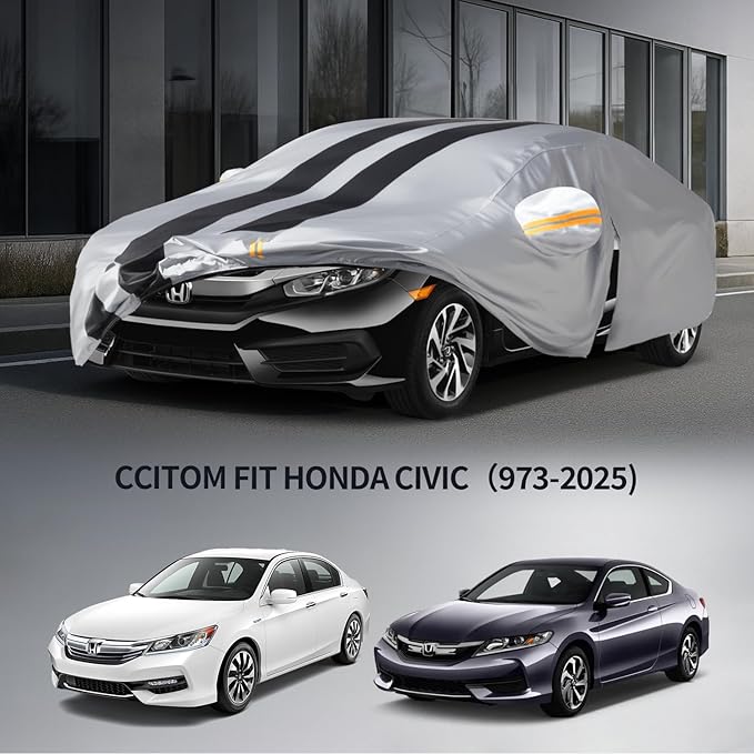 10 Layers Sedan Car Cover Custom Fit for Honda Civic(1973-2025), 100% Waterproof All Weather for Automobiles, Gift with Towel, Heavy Duty Car Covers for Rain Sun UV Protection with Door Zipper.