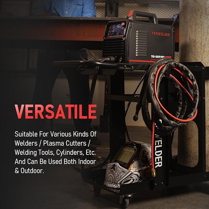 YESWELDER Welding Cart for TIG MIG Welder and Plasma Cutter,Three-Layer Welder Cart,Tank Storage Safety Chains, Heavy Duty Large Storage 360° Rolling Welding Trolley