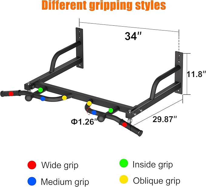 Wall Mounted Pull Up Bar, Heavy Duty Chin Up Bar, Multi Grip PullUp Bar for Garage, Basement, Wall Mount - Multifunctional Fitness Bar,Supports up to 800 Lbs