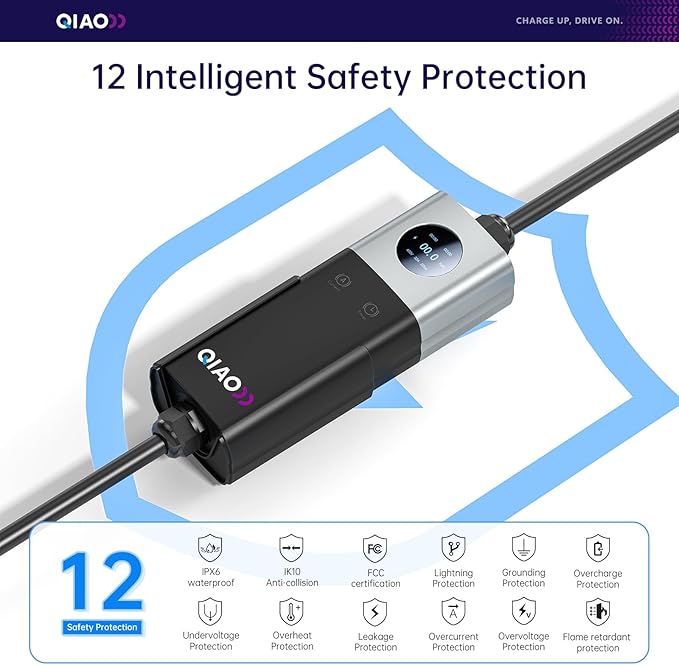 QIAO 40A Portable EV Charger & Mobile EV Charger Level 2, Replaceable Plug (NEMA 14-50 & More), Max 9.6kW Wall-Mount Power, J1772, 25ft Cable, 2.8" LCD for Home & Travel