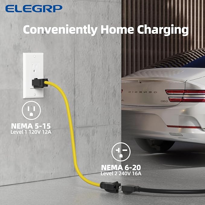ELEGRP Level 1/2 EV Charger, 16 Amp, Portable J1772 Electric Car Charger, 25FT Cable, NEMA 6-20 & 5-15 Adapter, 110V-240V for BEVs/PHEVs, PBE & LRC Technology