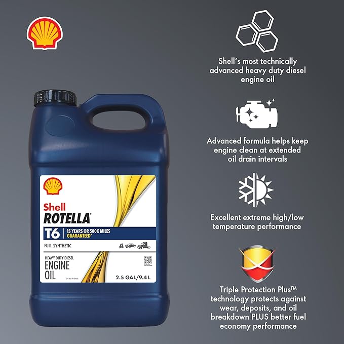 Shell Rotella T6 Full Synthetic 5W-40 Motor Oil, 2.5 Gallon (2 Pack)