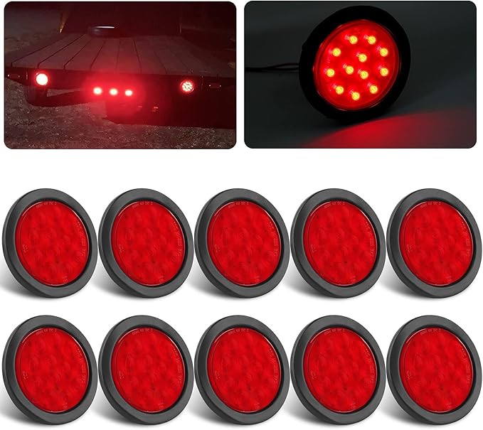 10Pcs 4 Inch Round Led Trailer Tail Lights Red 12 LED Waterproof 4" Round LED Stop Turn Tail Brake Light Marker Trailer Truck RV Lights Sealed Grommet Flush Mount w/3 Prong Wire Pigtails