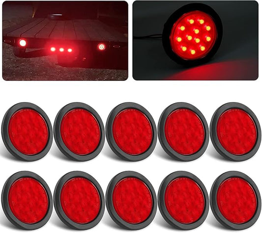 10Pcs 4 Inch Round Led Trailer Tail Lights Red 12 LED Waterproof 4" Round LED Stop Turn Tail Brake Light Marker Trailer Truck RV Lights Sealed Grommet Flush Mount w/3 Prong Wire Pigtails