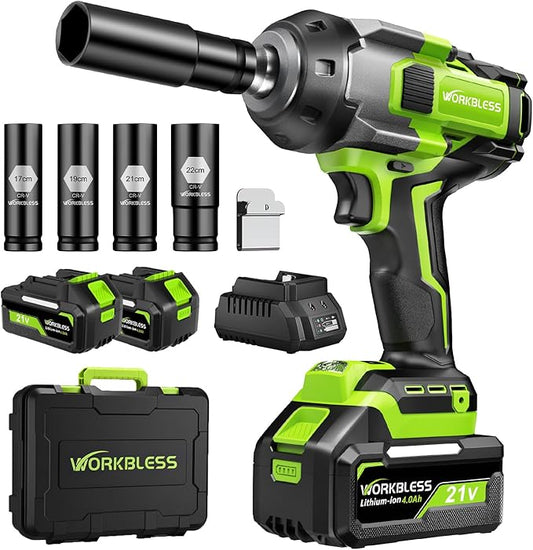 Cordless Impact Wrench 1/2 Inch: Max 1500Nm (1100Ft-lbs) 1/2 Impact Gun - 20V 4Ah Battery, 3-Speed, 4 Sockets, LED Light, Variable Speed Impact Driver for Car Tire, Mower Lug Nut