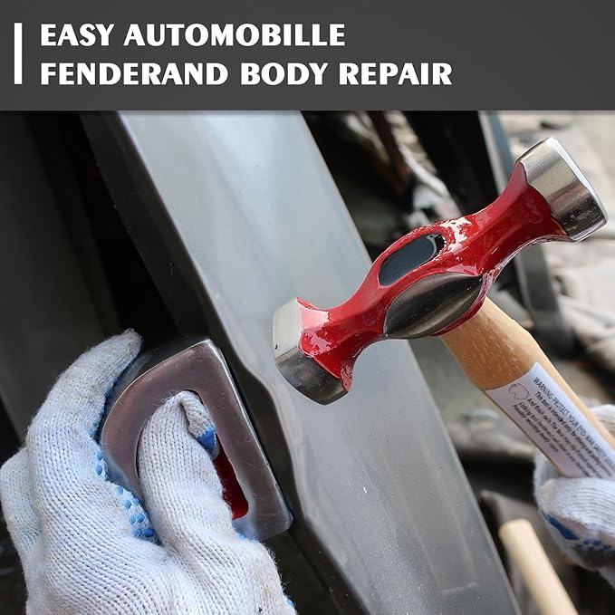 7 Piece Auto Body Repair Kit，Hammer and Dolly Tools with Carbon Steel on Wood Handles,Performance Heavy Duty Dollies Set,Roller Fixer Dent Remover Tool.