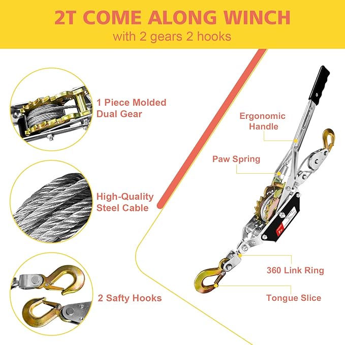 Come Along Winch 2-Ton with 7.54FT Steel Cable & 2 Hooks Heavy Duty Power Cable Come Along - Dual Gears Manual Winch for Vehicle Rescue & Automotive Hoist