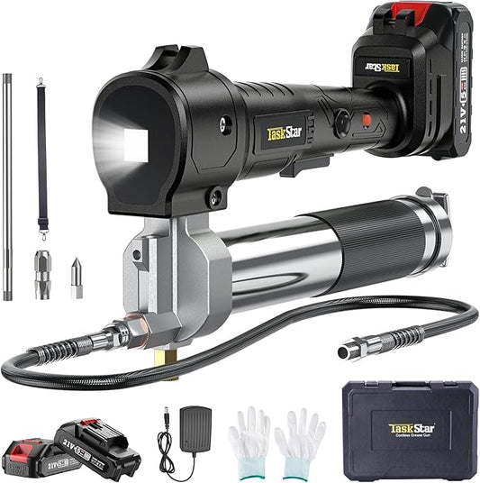Electric Grease Gun, 10000 PSI Super Efficient Battery Powered Grease Gun Kit with 2 Batteries and Charger, 39.4" Flexible Hose, Cordless Grease Gun with Super Bright LED Light, Black