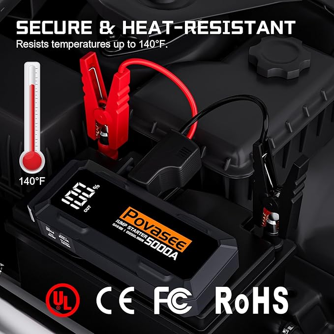 5000A Jump Starter Povasee A40 Car BatteryJump Starter, 12V Jump Box for Car Up to All Gas or 10L Diesel Engine Battery Jumper Starter Portable with 3" LCD Display Power Bank/Dual Output/LED Light