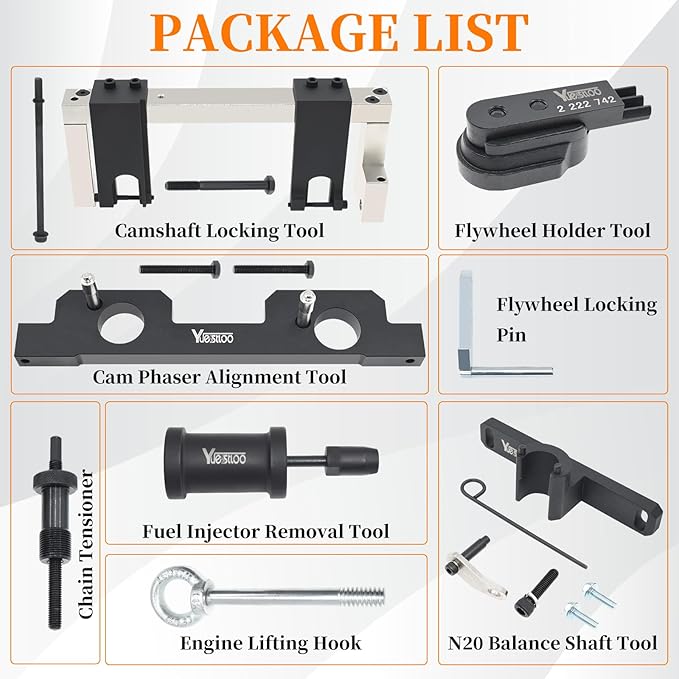 17PCS Camshaft Alignment Timing Tool Kit, Compatible with BMW N20 N26 Engine, with Flywheel Holder Tool & Balance Shaft Tool & Fuel Injector Remover Kit, 212831, 119340, 212830, 219548