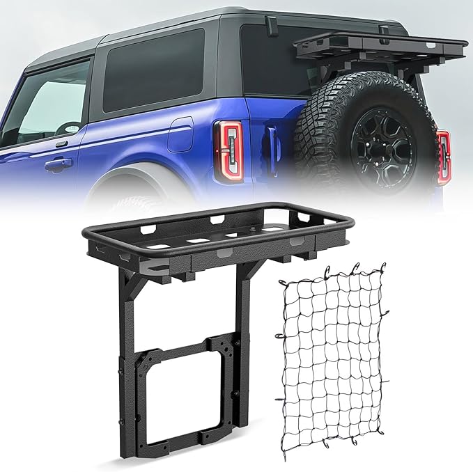 for Bronco Spare Tire Cargo Rack Rear Luggage Basket on OE Tailgate Compatible with 2021 2022 2023 2024 Ford Bronco 2/4 Doors, Cargo Carrier Storage Back Holder Stand Exterior Shelf Tray