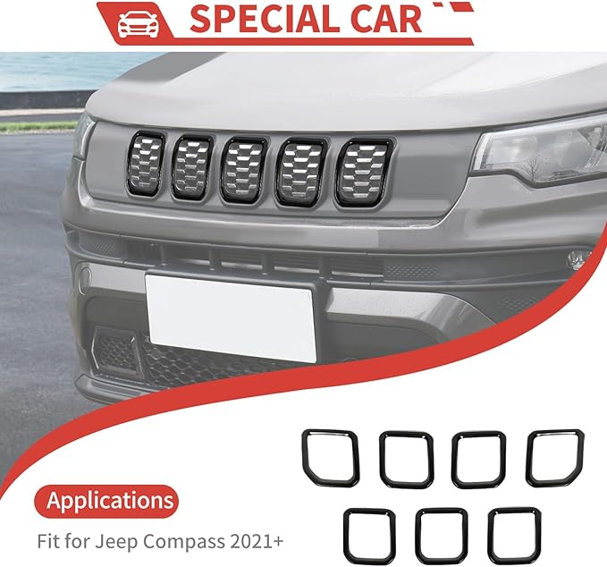 Grill Inserts Grille Guards Trim Exterior Accessories Compatible with Jeep Compass 2021+ Trailhawk/Limited/Latitude/Altitude/Sport(Black)