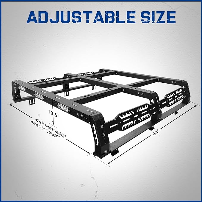 Overland Bed Rack for Full Size Truck 10.5" Bed Rack with 3 LED Lights Compatible with Ford/Dodge Ram/Toyota Tundra/Nissan Titan/Silverado(6.5FT) .Bed Rack for Roof Top Tent