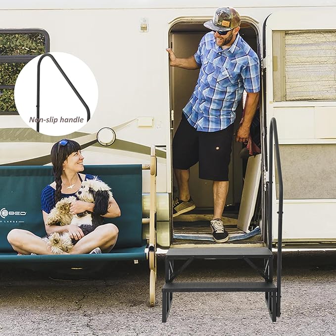 RV Stairs 2 Step, RV Steps with Handrail, Upgrade 3.0 RV Stairs with Platform, 660lbs Anti-slip Step Ladder Hot Tub Step for Indoor Outdoor