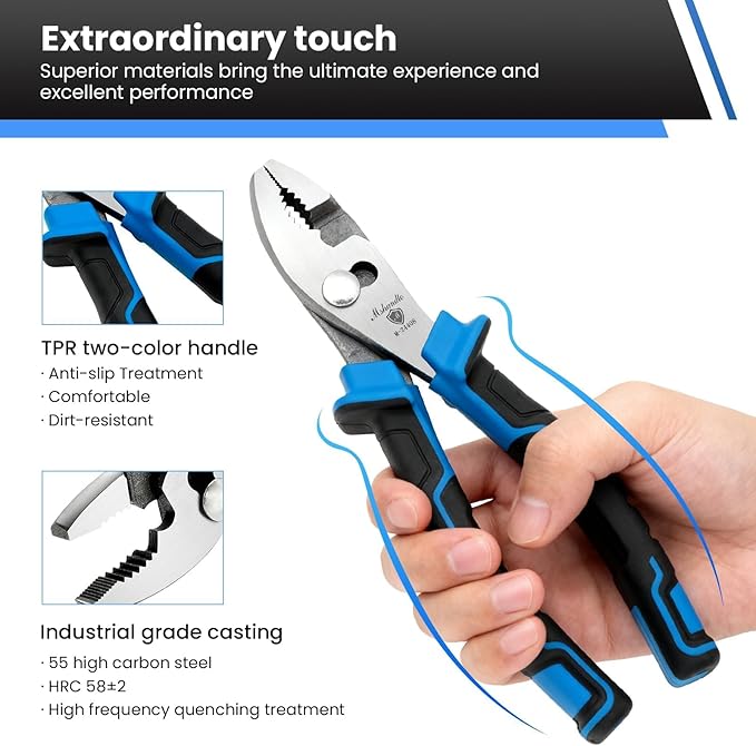 8-Inch Slip Joint Pliers, Alloy Steel with Swivel Rivet & Non-Slip TPR Handles, Strong Sharp Teeth for Plumbing, Automotive Repair, Tightening, Loosening, Gripping Nuts, Bolts, Pipes Adjustab