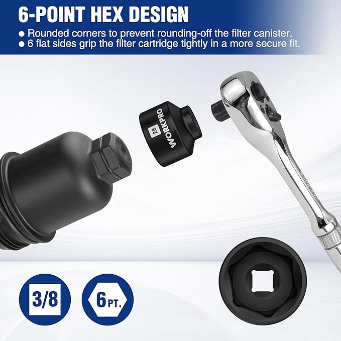 WORKPRO 28mm Oil Filter Socket Wrench, Oil Filter Removal Tool, Oil Filter Change Set, Ideal for Some Dodge Ram 6.7L Cummins Oil/Fuel Filter Canister