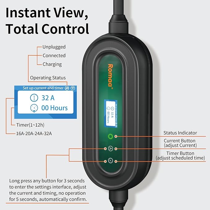Romaa Level 2 Electric Vehicle Charger - 32 Amp EVSE Portable J1772 Charging Station, with NEMA 14-50, WiFi App, 25 ft Cable ETL Listed to UL 2594/2231, NEMA Type 4 IP66 Protection for Outdoor Use