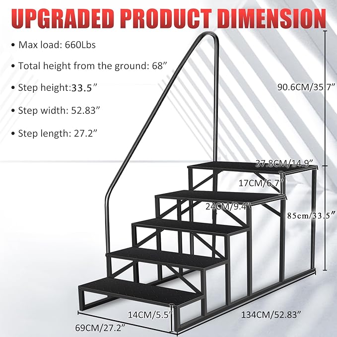RV Steps with Handrail｜5 Step RV Steps｜Update 3.0 Outdoor Mobile Home Stairs with Anti-Slip Pedals｜RV Ladders for Travel Trailers｜Heavy Duty Camper Steps for Camper, Porch, Spa