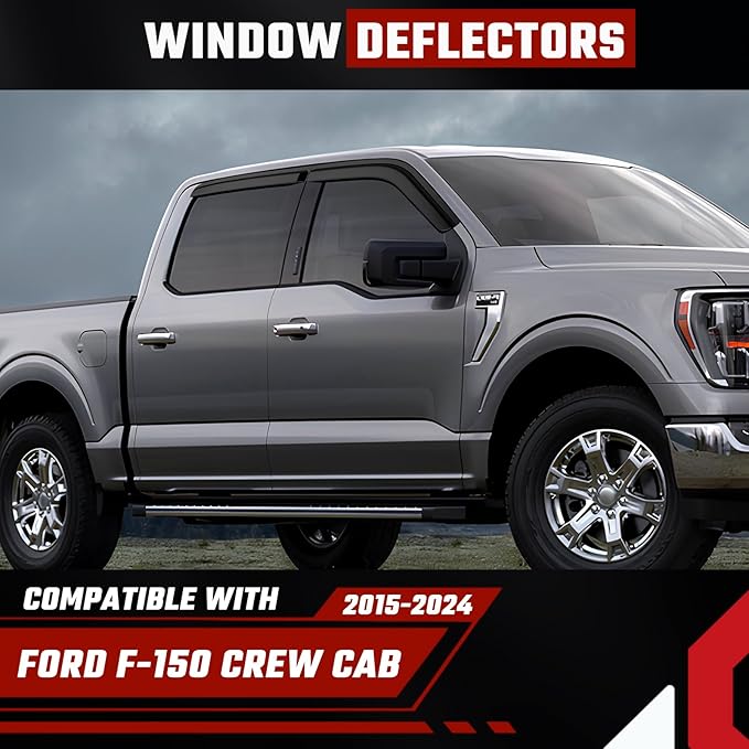 Rain Guards Compatible with Ford F150 SuperCrew 2017 2018 2019 2020 2021 2022 2023 2024 2025, Durable Tape-on Window Deflectors 2017-2025 F150 Trucks Window Rain Guard 4PCS
