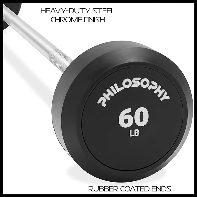 Philosophy Gym Rubber Fixed Barbell, Pre-Loaded Weight Straight Bar for Strength Training & Weightlifting
