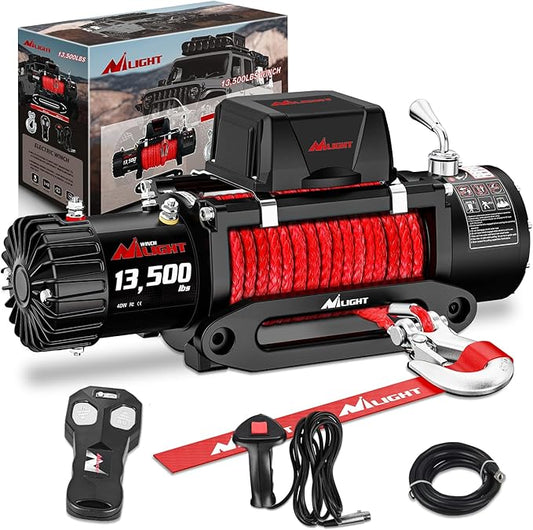Nilight 12V Electric Winch 13000lbs ATV Trailer Winches with Synthetic Rope Fairlead Wired Handle & Infrared Remote Waterproof Winch for Truck Offroad