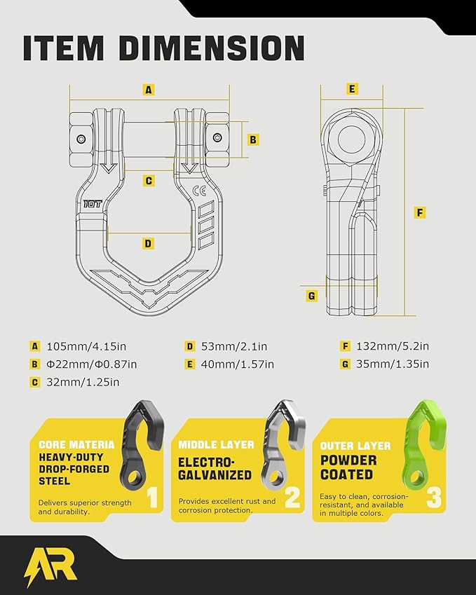 D Ring Shackles, 3/4" Separate Shackles with 7/8" Pin, Heavy Duty Recovery Shackle 57320lbs Break Strength, 4x4 Off-Road Recovery Towing Winch Shackles for Trucks, Black Green 2-Pack