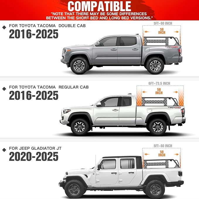 13.8" High Overland Bed Racks Truck Cargo Carrier Compatible with 2016-2025 Tacoma & 2020-2025 Gladiator JT with 2 LED Lights and Bed Rails, Full-Size Truck Rear Ladder Rack Back Cross Bars