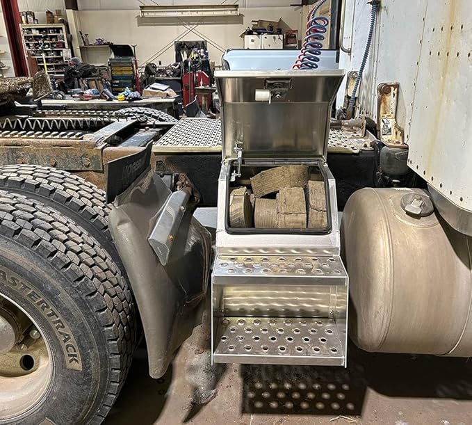 Mytee Products 24.5"x28.4"x12" Aluminum Side Mount Semi Truck Tool Box with Saddle Step Open Wide Design & T-Handle Latch Lock - Heavy Duty Weather Tight Step Tool Box for Flatbed Trailer