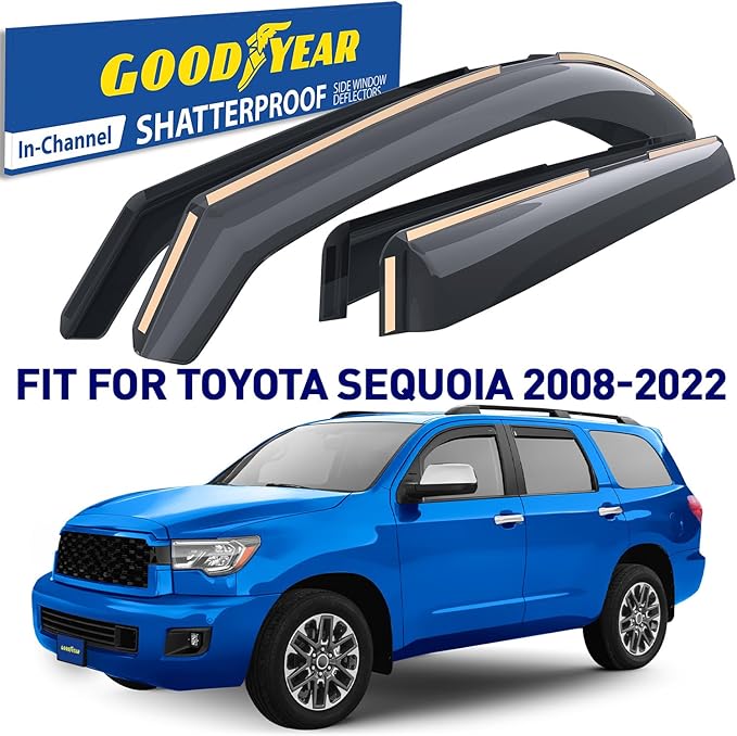 Goodyear Shatterproof in-Channel Window Deflectors for Toyota Sequoia 2008-2022, Rain Guards, Window Visors for Cars, Vent Deflector, Car Accessories, 4 pcs - GY007976