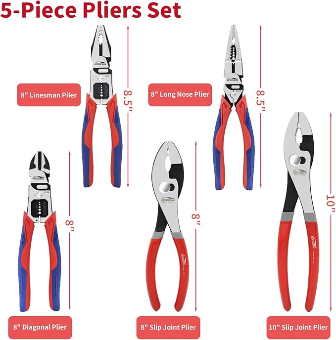 5-Piece Pliers Set with Case Including 8-In and 10-In Slip Joint Plier, 8.4” Needle Nose Plieres, 8.4” Linesman, 8.6” Diagonal Wire Cuters for DIY & Home Use