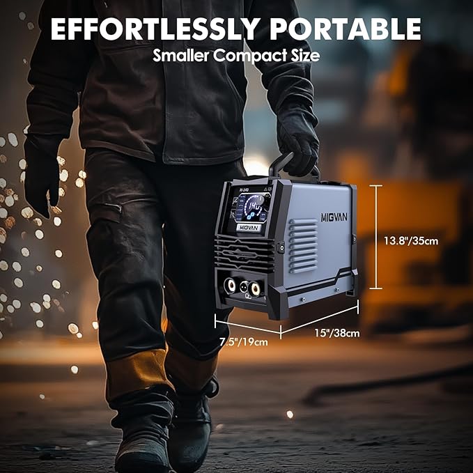 140A Gasless MIG Welder, 110V/220V Dual Votage Welding Machine, Flux Cored MIG/Lift TIG/Stick ARC 3 in 1 MIGVAN Welders Synergic Control with One-Click Wire Feeding, IGBT DC Inverter with LED Display