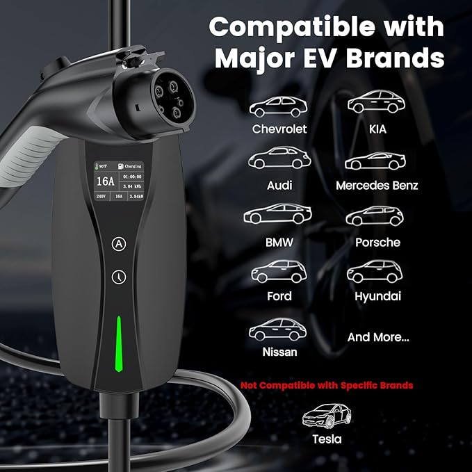 Level 1/2 EV Charger, 16Amp Adjustable Current Electric Car Charger NEMA 5-15 Plug/NEMA 6-20 Adapter, Timing Delay & LED Display 25FT Cable Portable EV Charging Station for J1772 BEVs/PHEVs 110V-240V