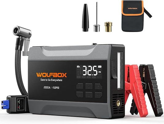 WOLFBOX 2000A Jump Starter with Air Compressor, 10000mAh Car Battery Jumper Starter Portable (up to 5L Gas Engine) with 150PSI Tire Inflator, 12V Jump Box with Jumper Cables, Boost, LED Light