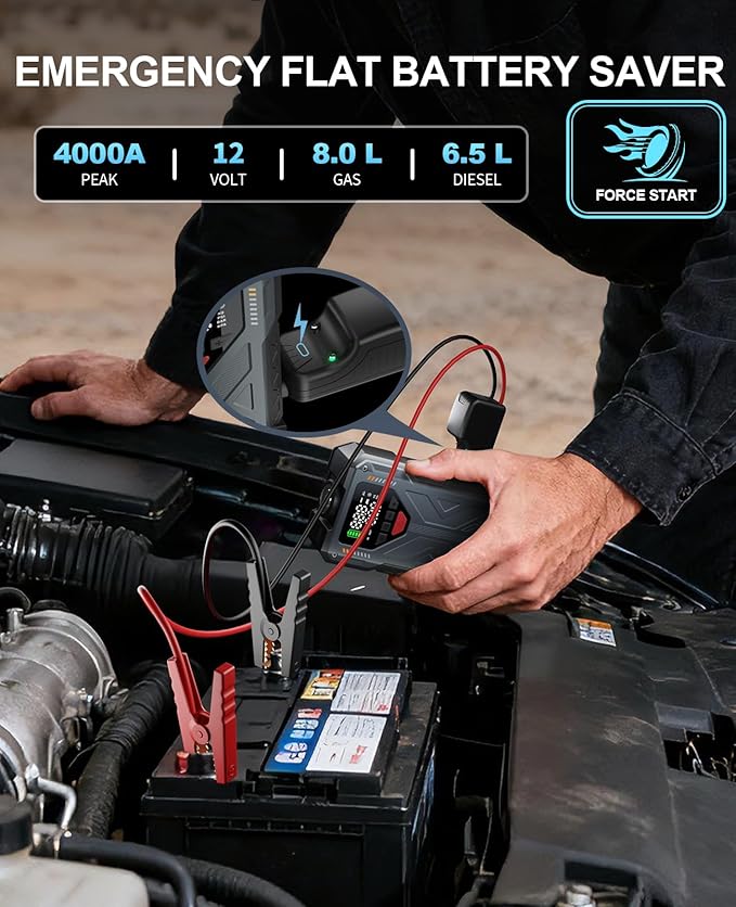 Jump Starter with Air Compressor, 4000A Car Jumper Starter Portable & 12V Car Battery Charger Jump Starter Power Pack with 150PSI Auto-Shutoff Tire Inflator, Jumper Box for 8.0L Gas/6.5L Diesel, QC3.0